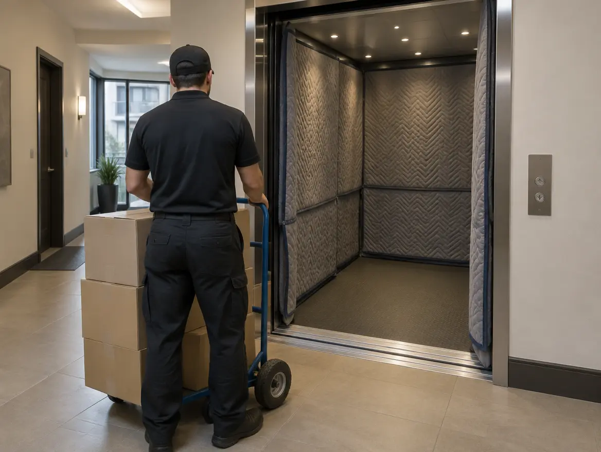 Elevator protected with pads, hand truck loaded with boxes in the lobby (AI-generated image)