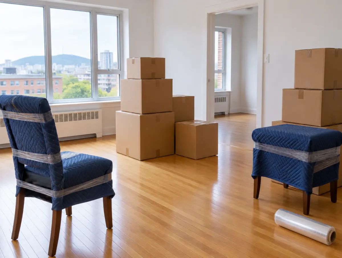 Cardboard boxes and a chair wrapped in a moving blanket (AI-generated image)