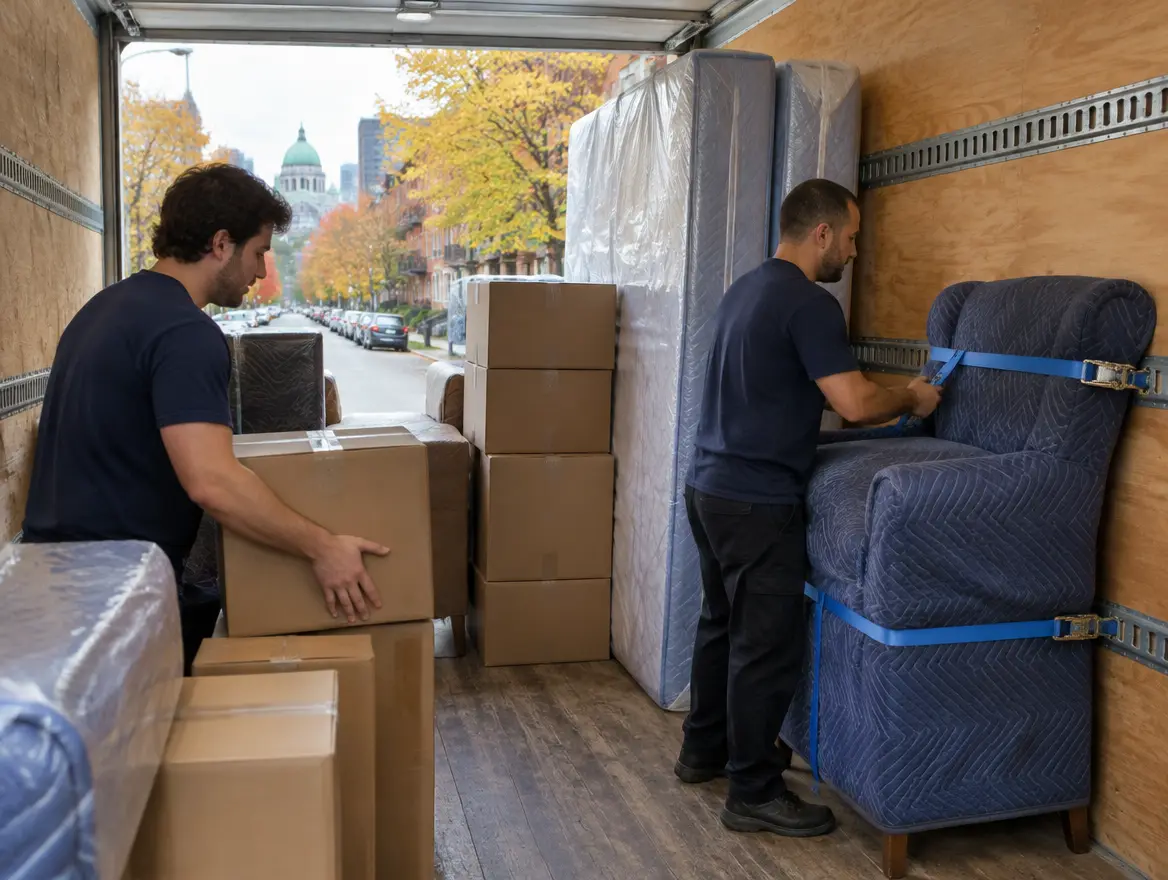 Movers loading a truck, boxes and a strapped armchair (AI-generated image)