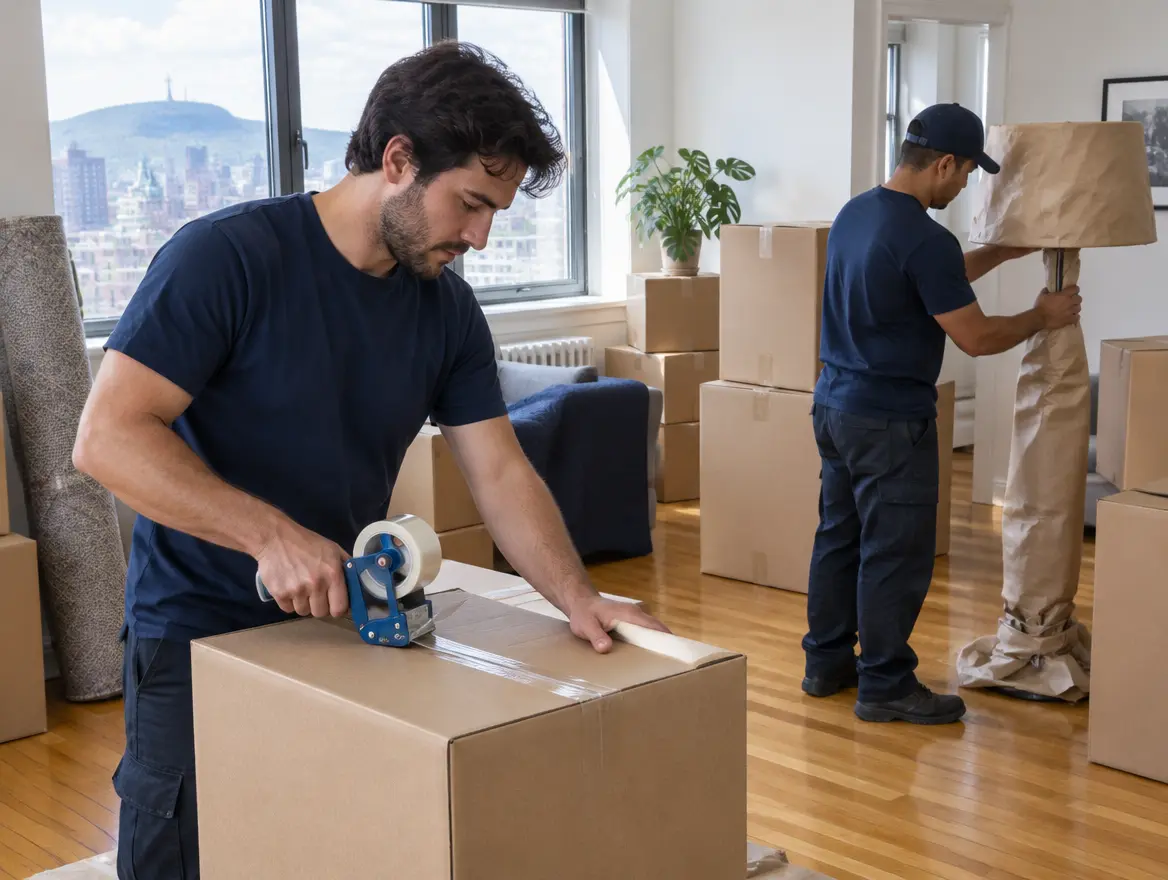Movers wrapping a lamp and sealing boxes (AI-generated image)