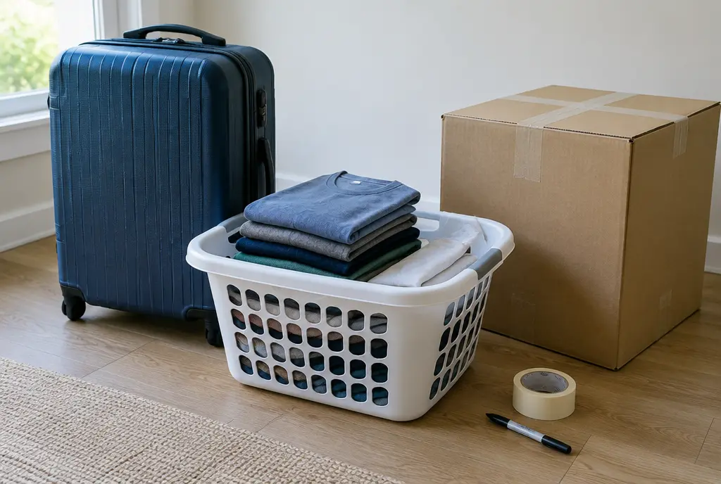 Suitcase and laundry basket of clothes beside a taped box (AI-generated image)