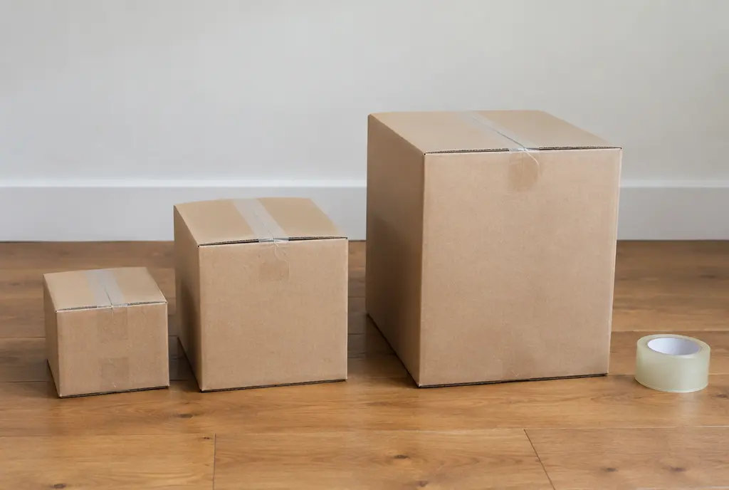 Boxes in three sizes lined up on a wooden floor with a roll of tape (AI-generated image)