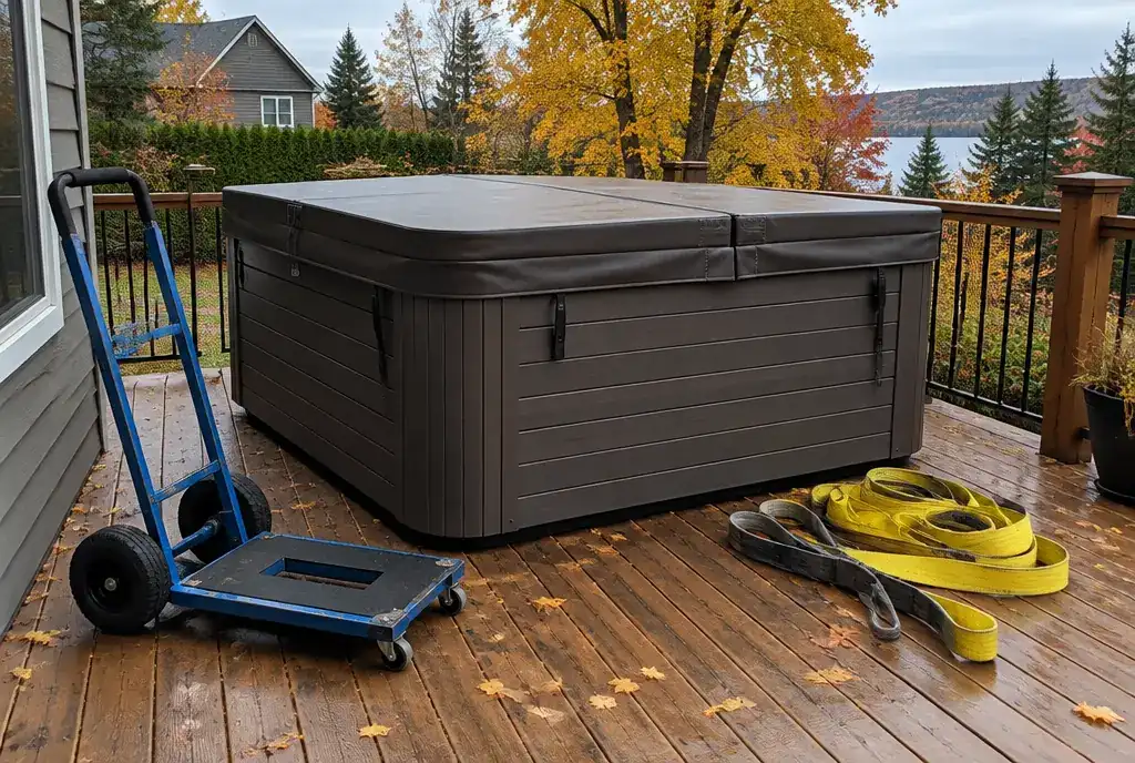 Covered hot tub on a wooden deck with lifting straps and a dolly beside it (AI-generated image)