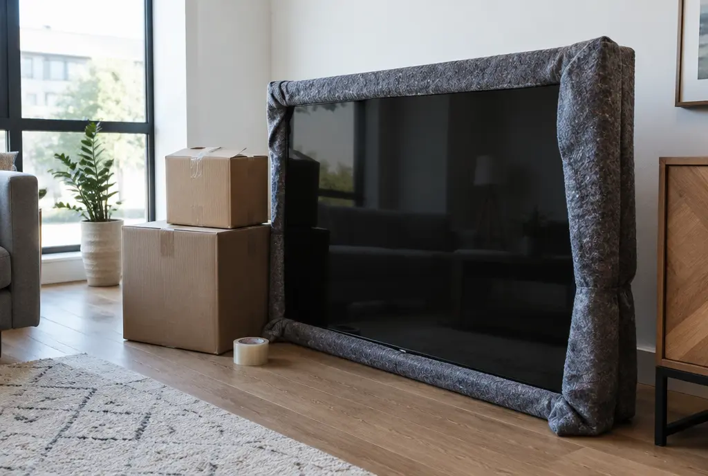TV wrapped in a moving blanket, standing upright next to boxes (AI-generated image)