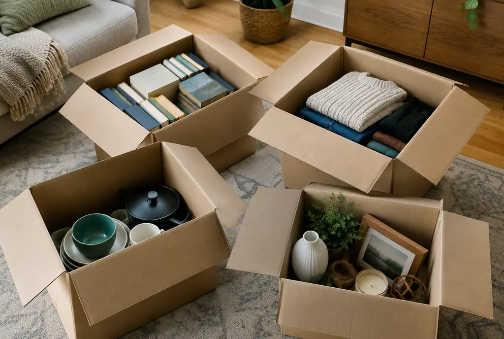 Four open boxes holding books, clothes, kitchenware and decor (AI-generated image)