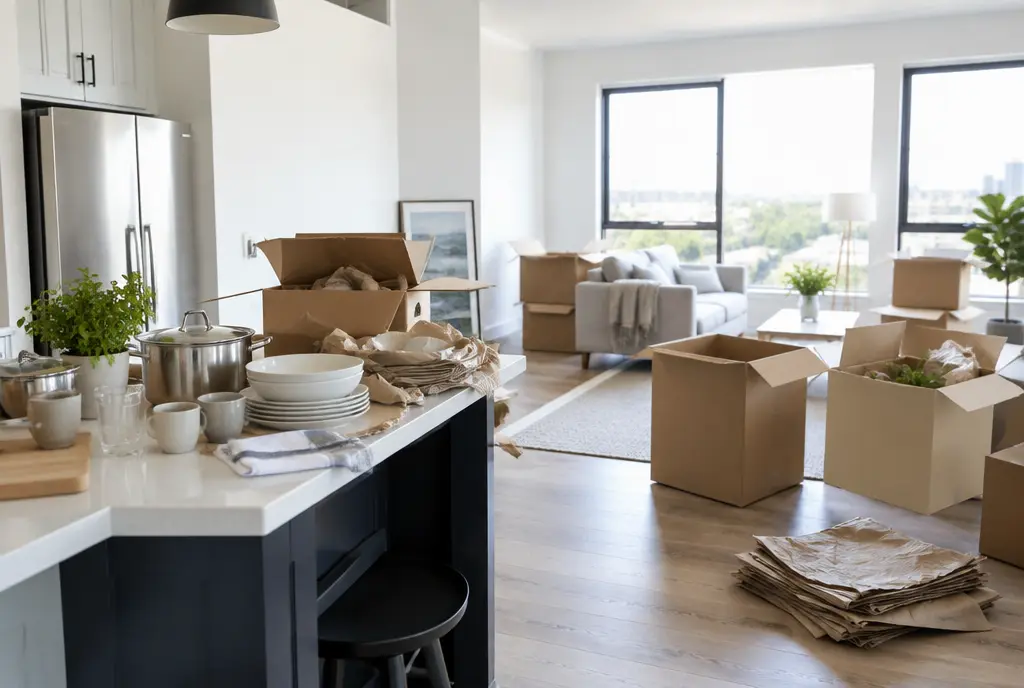 Open boxes in a bright living room, kitchen items half unpacked (AI-generated image)