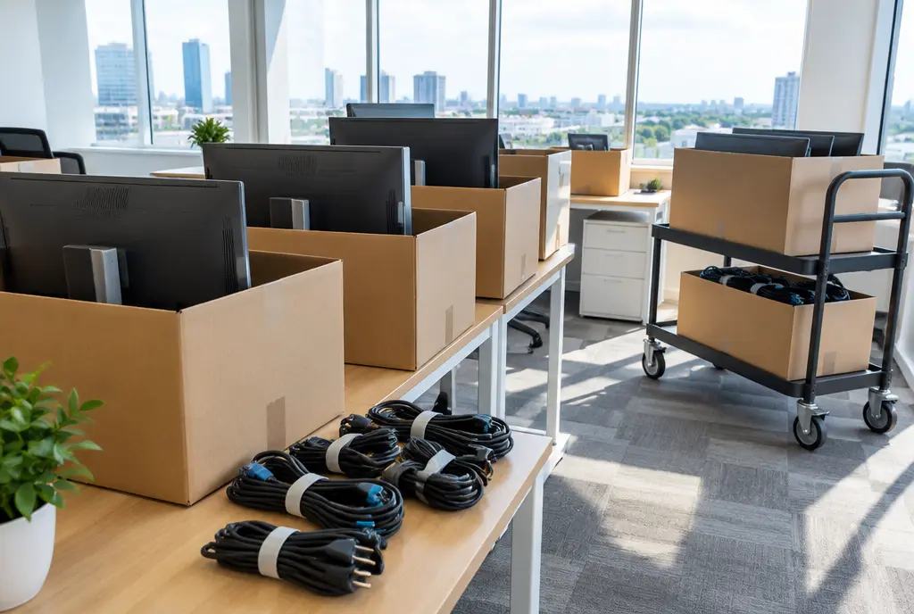 Office desks with monitors in boxes, bundled cables and a rolling cart (AI-generated image)