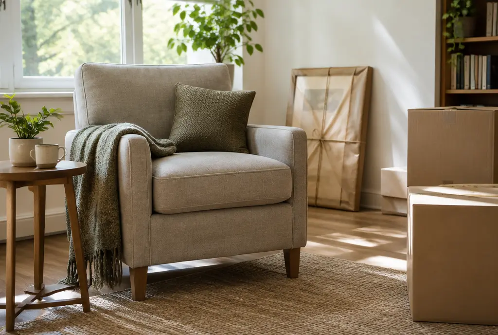 Comfortable armchair, side table and a wrapped frame beside a few boxes (AI-generated image)