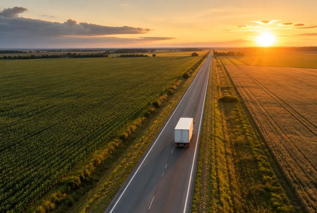Aerial view of a long road between fields with a white truck in the distance (AI-generated image)