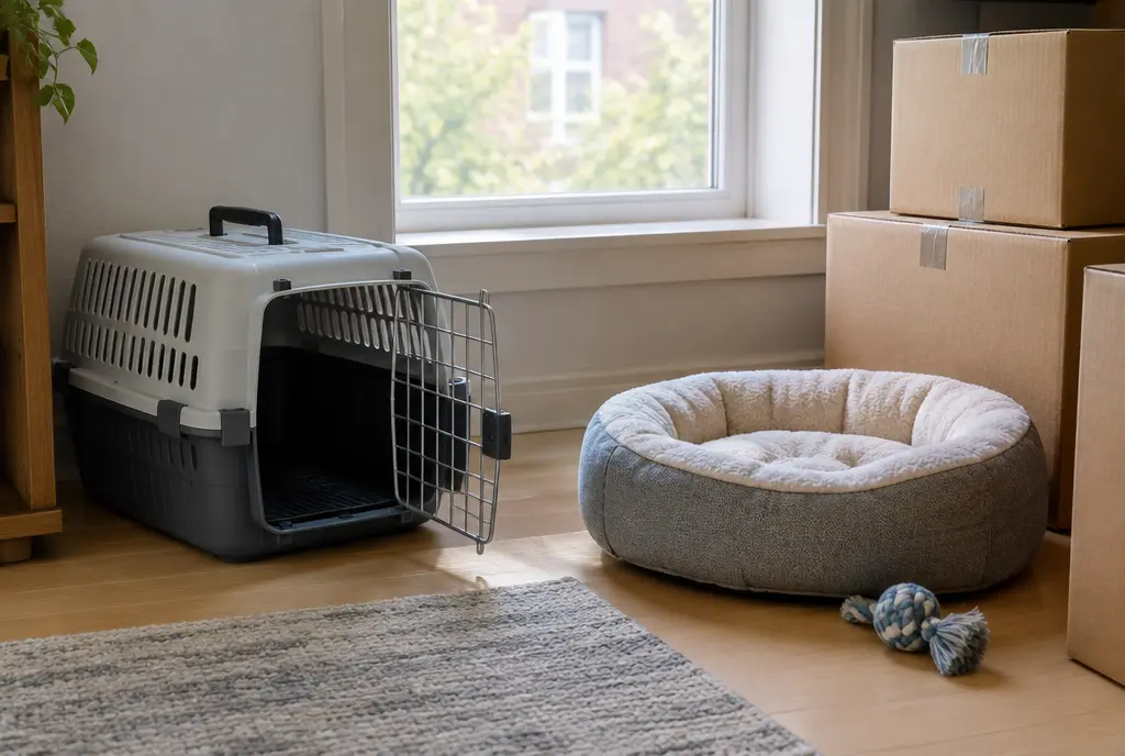 Pet carrier and bed by a window with a few moving boxes (AI-generated image)