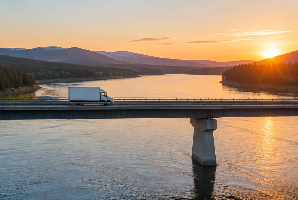 Plain white truck crossing a bridge at sunrise (AI-generated image)