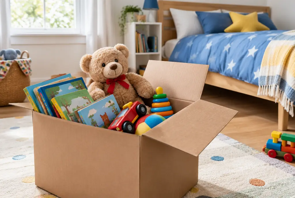 Child's bedroom with a box of toys and picture books (AI-generated image)