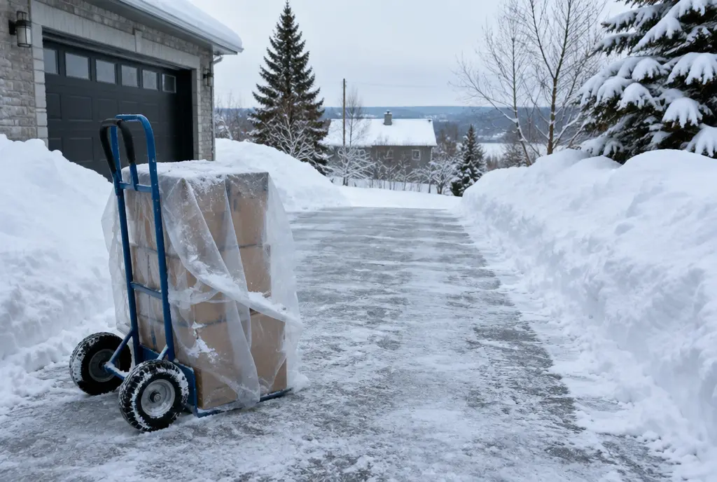 Cleared snowy driveway with a hand truck and boxes under plastic sheeting (AI-generated image)