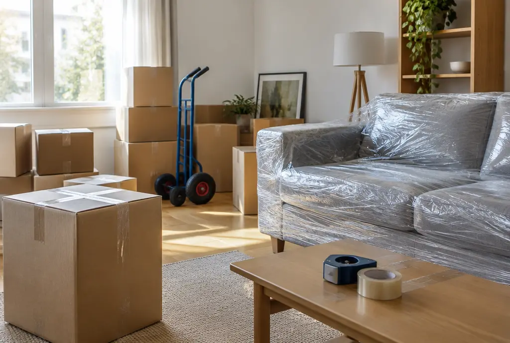 Half-packed living room: taped boxes, a hand truck and a plastic-wrapped sofa (AI-generated image)
