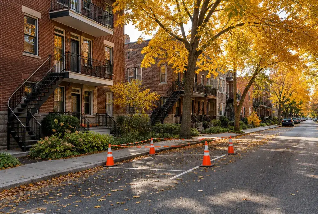 Residential Montréal street in October with golden maples and orange cones on a parking spot (AI-generated image)