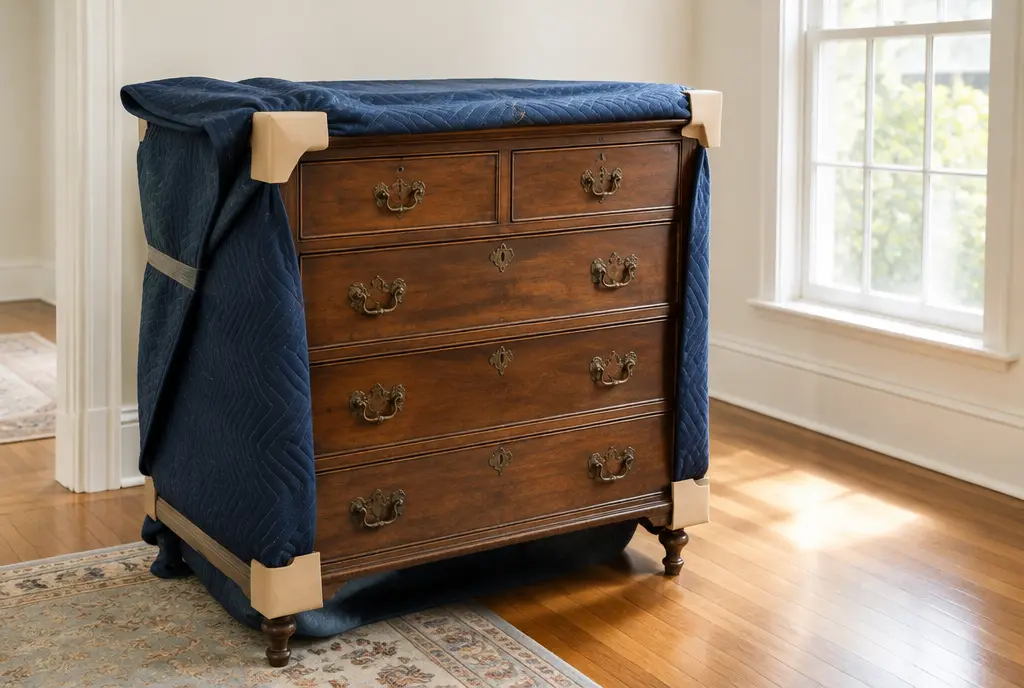 Antique wooden dresser partly covered with a moving blanket, corners protected (AI-generated image)