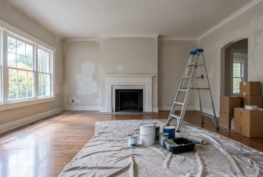 Living room under renovation: paint cans, ladder, drop cloth and boxes pushed aside (AI-generated image)