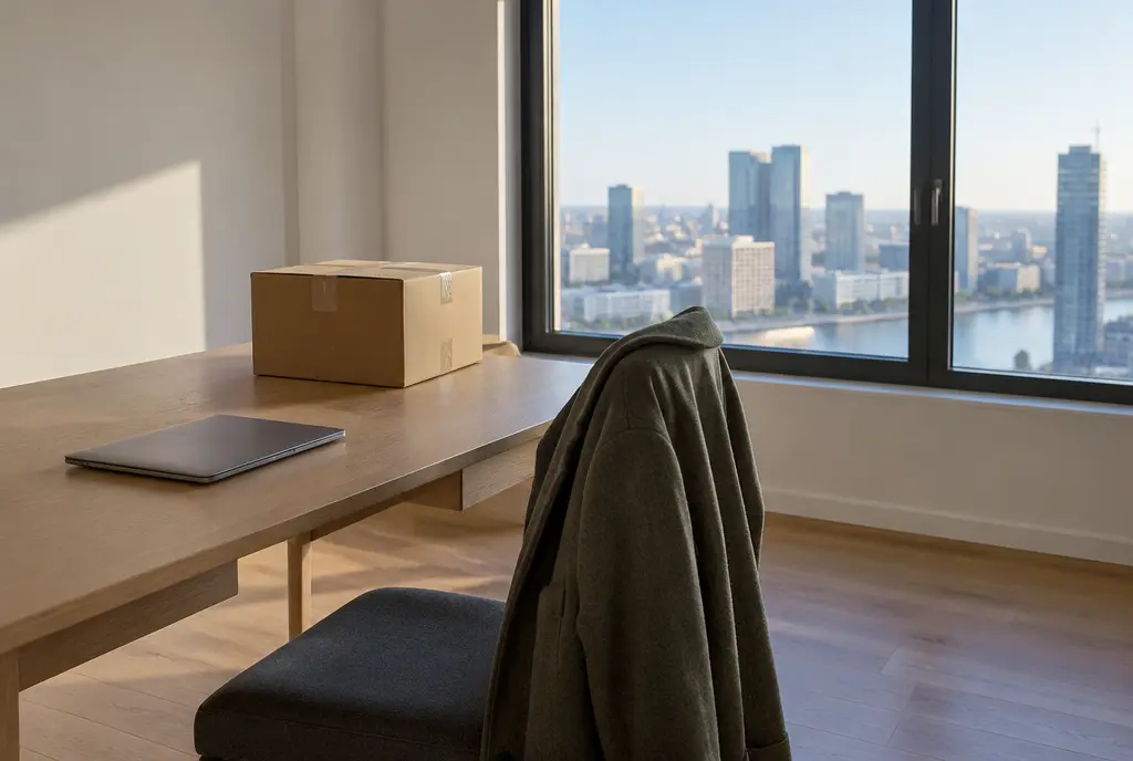Desk with a closed laptop and a sealed box in a nearly empty apartment, city view (AI-generated image)