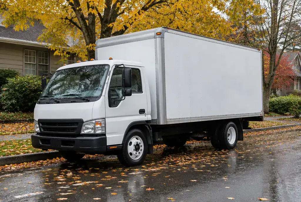 Plain white truck parked on a street covered in autumn leaves (AI-generated image)