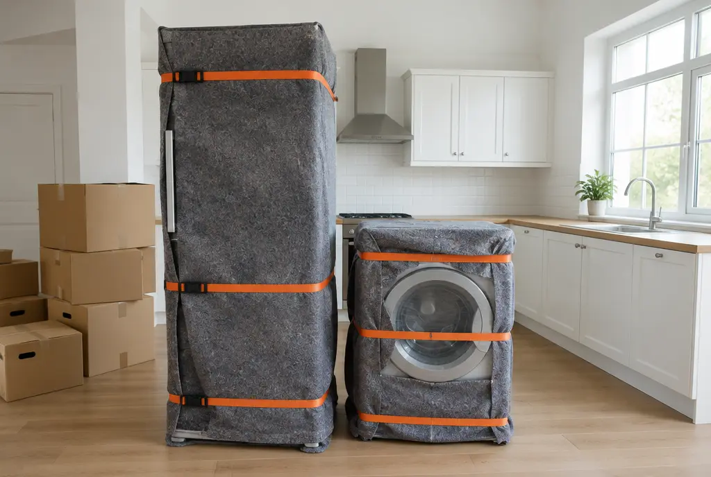 Refrigerator and washing machine wrapped in moving blankets with orange straps (AI-generated image)