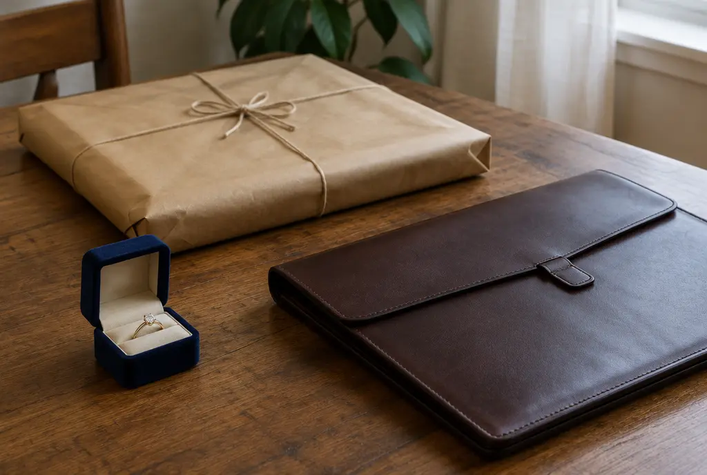Jewelry box, a frame wrapped in kraft paper and a document case on a table (AI-generated image)