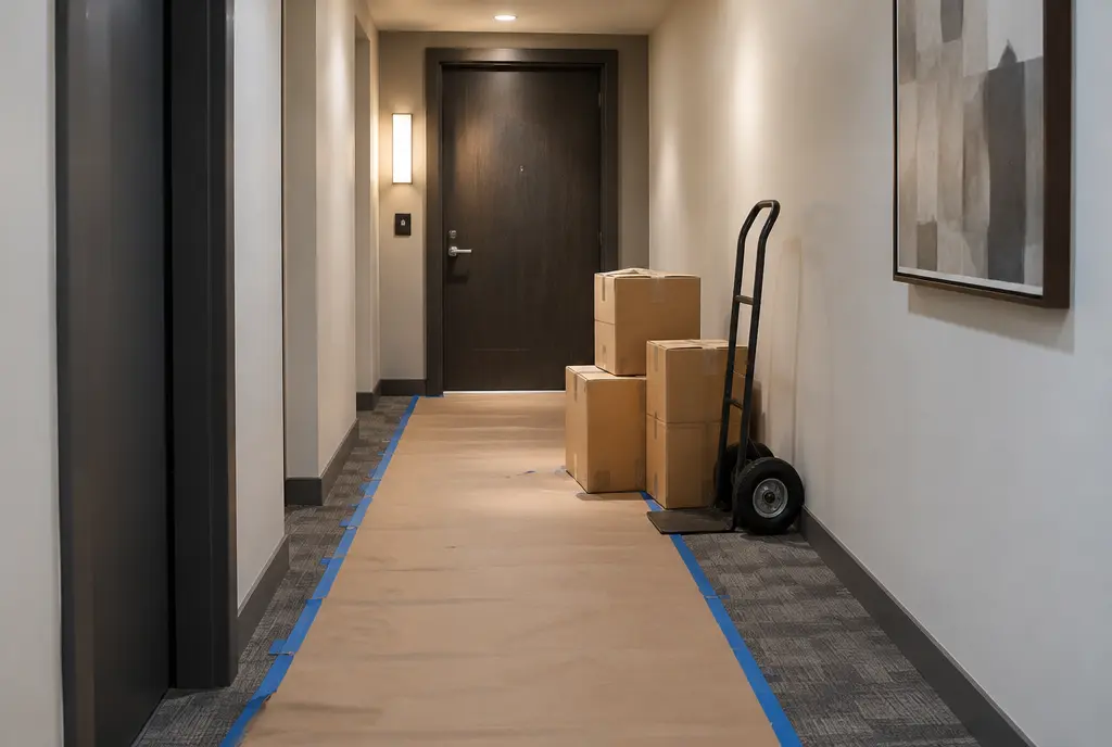 Condo hallway with a protective floor runner, boxes and a hand truck by a door (AI-generated image)