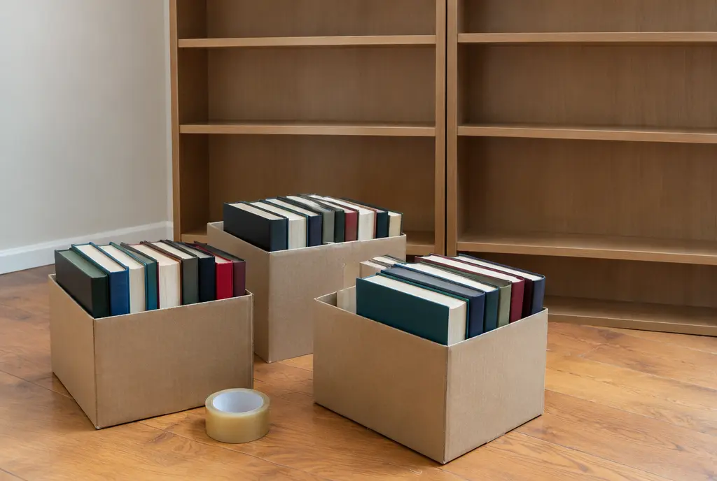 Small boxes filled with hardcover books in front of an emptied bookcase (AI-generated image)