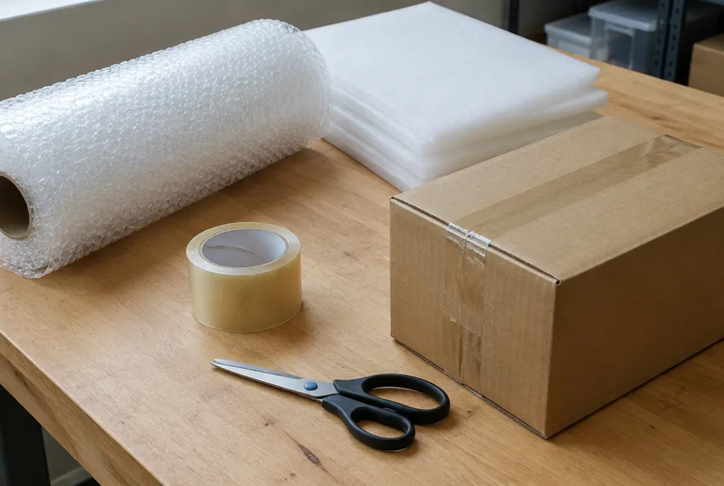 Bubble wrap, foam, tape and scissors beside a sealed parcel (AI-generated image)