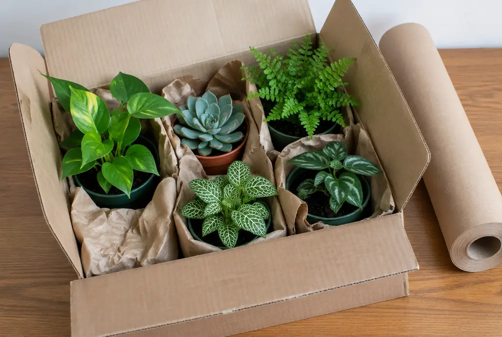 Small potted plants wedged in a box with paper, a roll of kraft paper beside it (AI-generated image)
