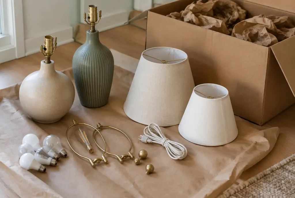 Lamp bases, shades and bulbs on kraft paper next to a padded box (AI-generated image)