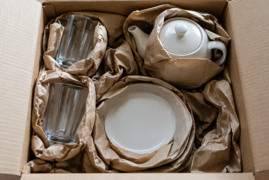 Glasses, plates and a porcelain teapot wrapped in kraft paper in a padded box (AI-generated image)