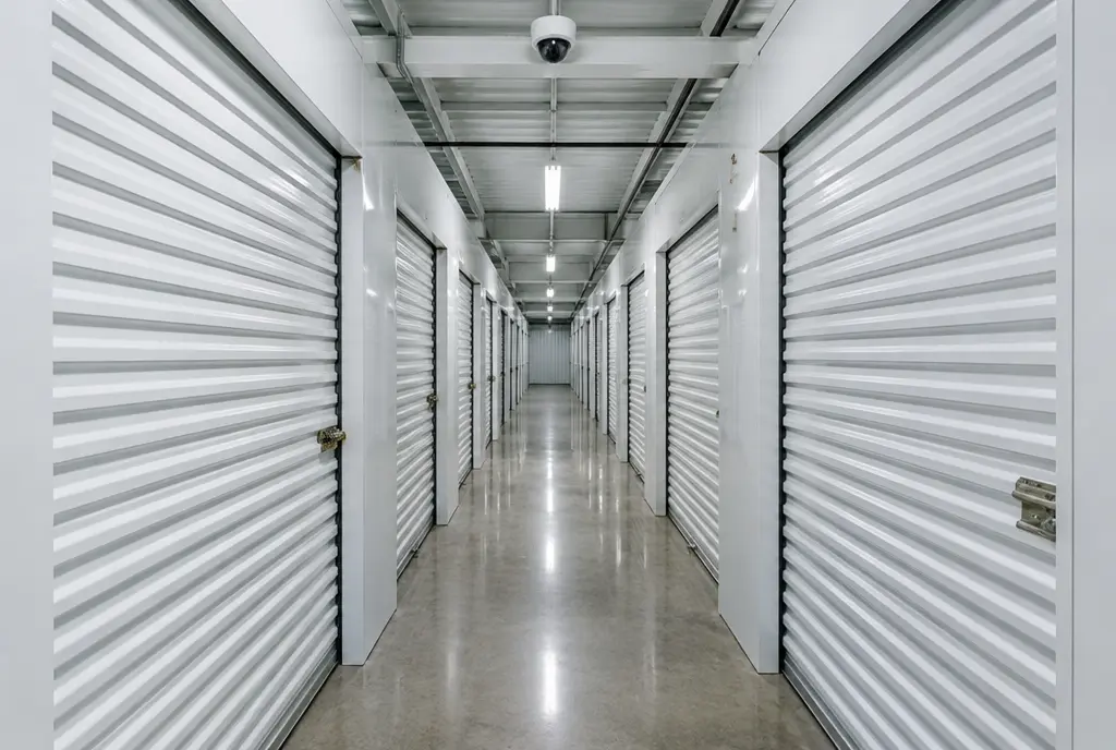 Clean, lit storage corridor with roll-up doors and a security camera (AI-generated image)