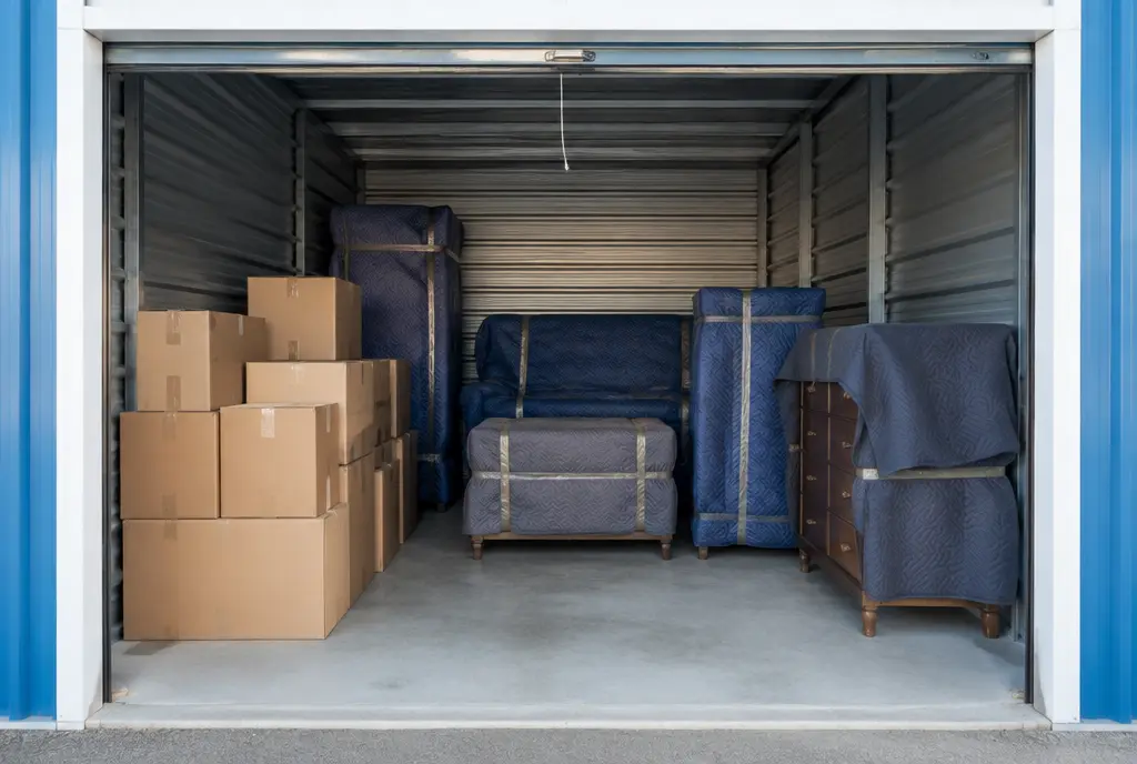Open storage unit with boxes and blanket-wrapped furniture (AI-generated image)