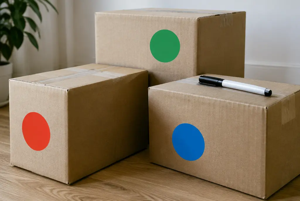 Boxes marked with red, blue and green stickers, with a marker pen (AI-generated image)