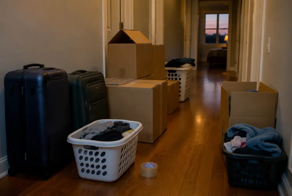 Hallway with suitcases, mismatched boxes and laundry baskets (AI-generated image)