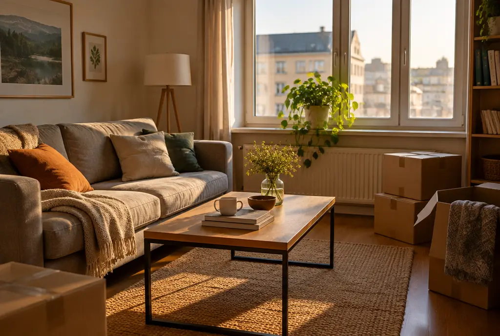 Cozy living room with a few boxes left and a plant on the windowsill (AI-generated image)