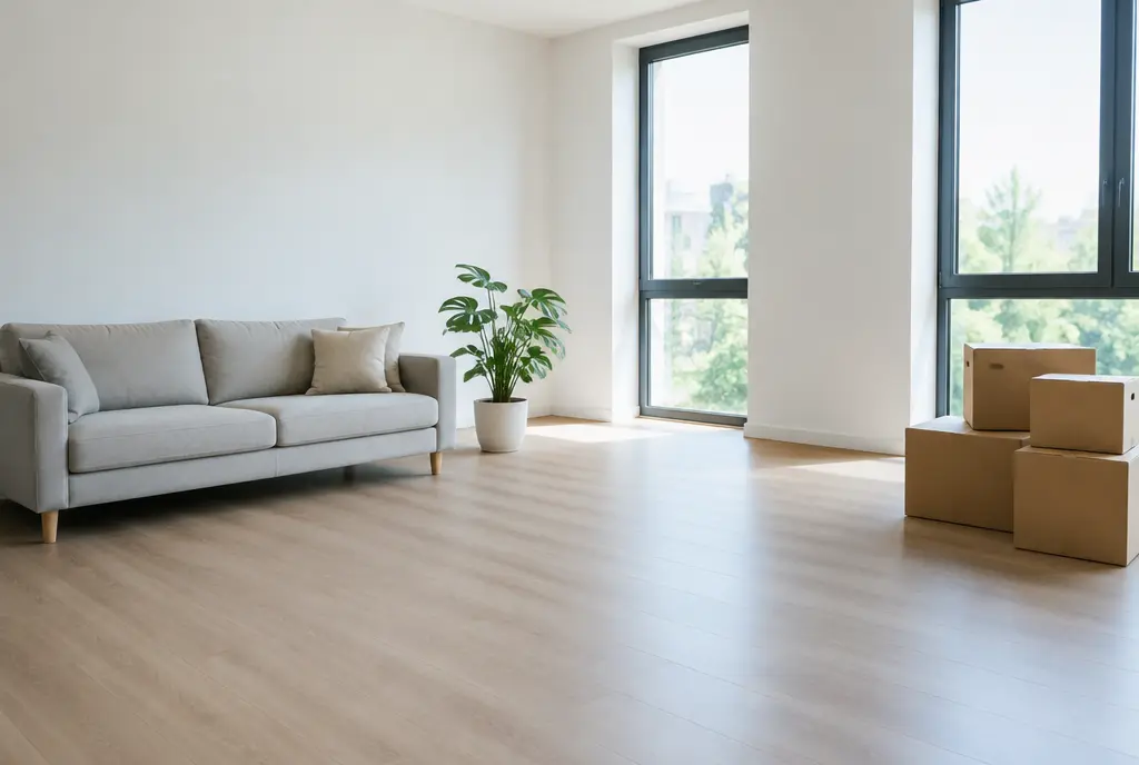 Minimalist room with a sofa, a plant and a few boxes (AI-generated image)