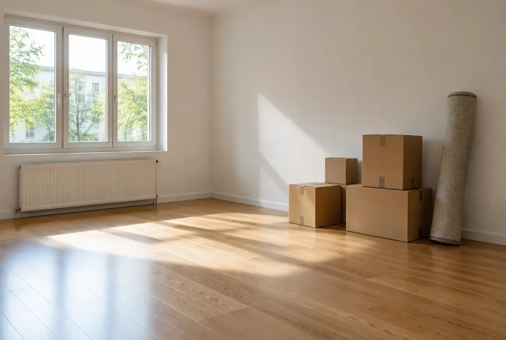 Empty sunny living room with a few stacked boxes and a rolled rug (AI-generated image)