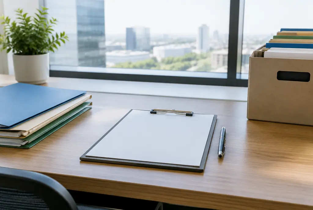Desk with a clipboard, folders and a file box in front of a large window (AI-generated image)