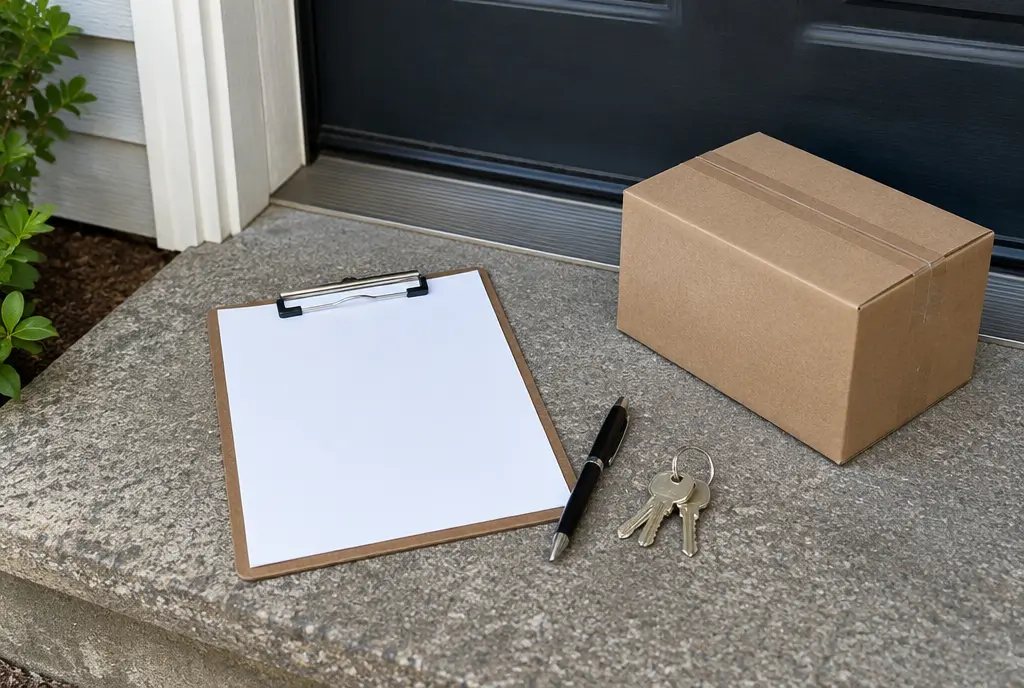 Blank clipboard, pen, keys and a small box on a doorstep (AI-generated image)
