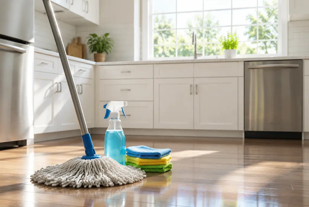 Mop, spray bottle and cloths in a clean empty kitchen (AI-generated image)