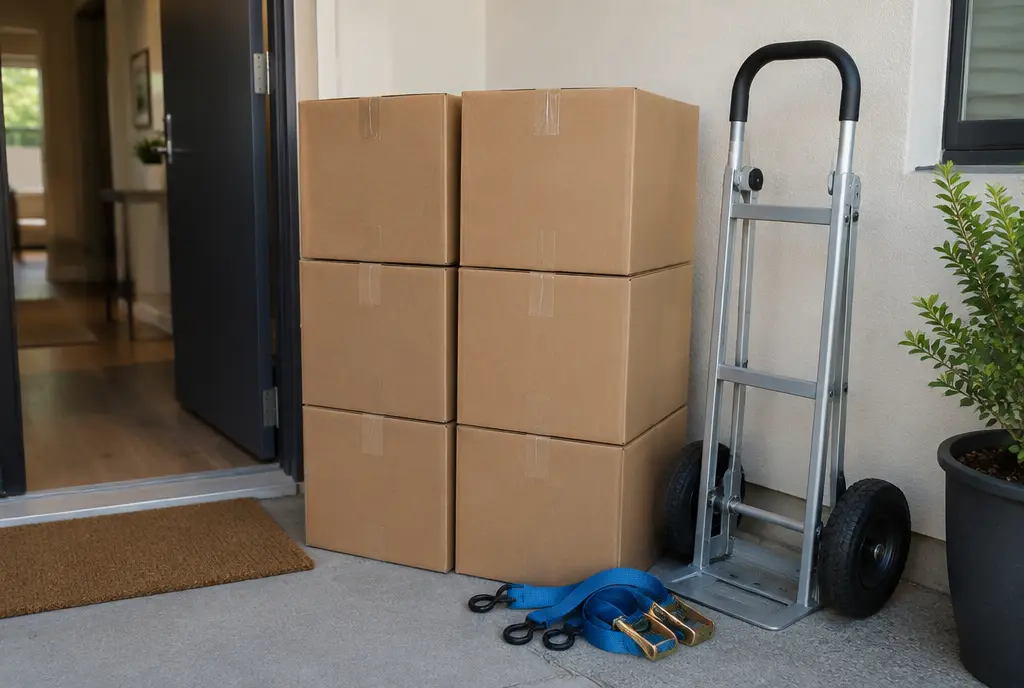 Stack of identical boxes, a hand truck and straps by an apartment door (AI-generated image)