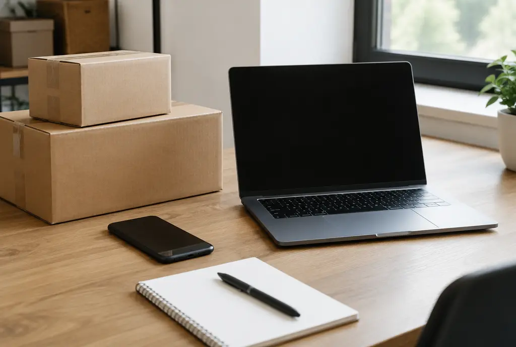 Phone, laptop and notebook on a table near boxes (AI-generated image)