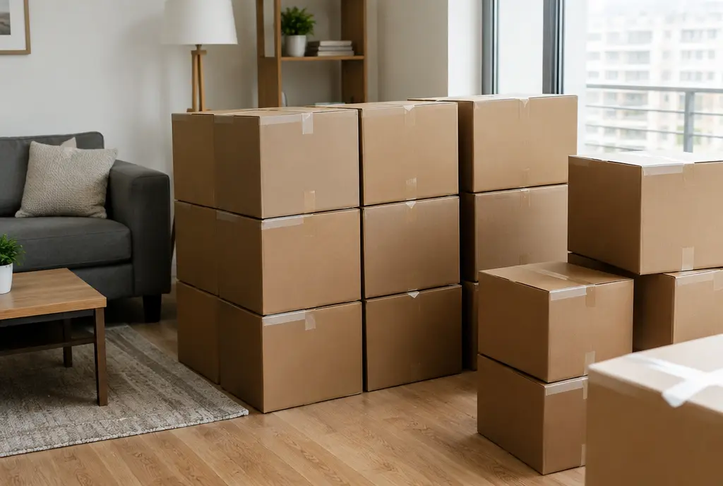 Sealed boxes stacked in tidy rows in a living room (AI-generated image)