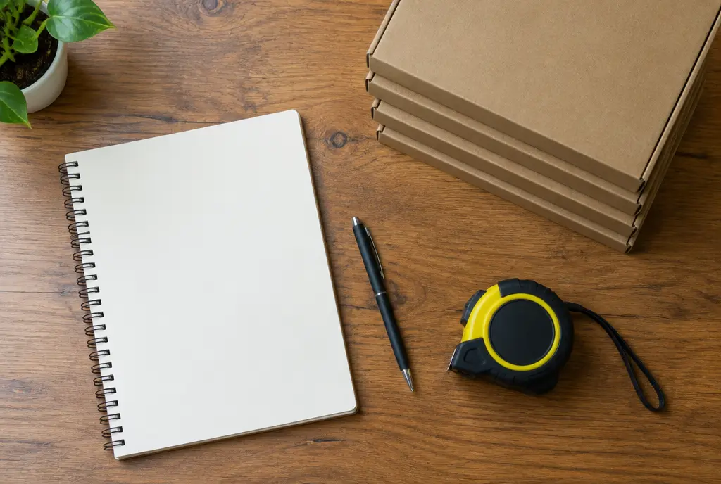 Wooden desk with a notebook, pen, tape measure and flat boxes (AI-generated image)