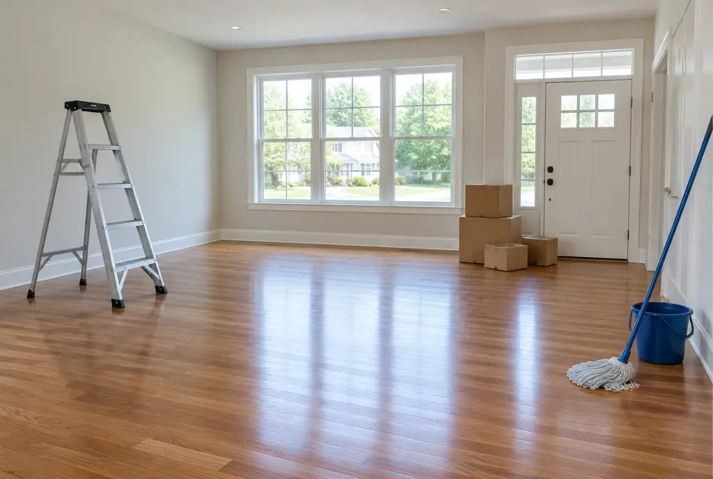Empty, clean living room in a new house with a stepladder, mop and boxes by the door (AI-generated image)