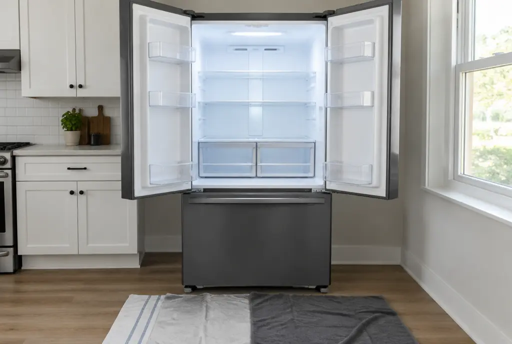 Empty refrigerator with its doors open and towels laid out in front (AI-generated image)