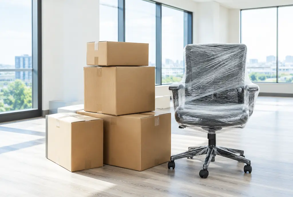 Office boxes and a plastic-wrapped chair in an empty office (AI-generated image)