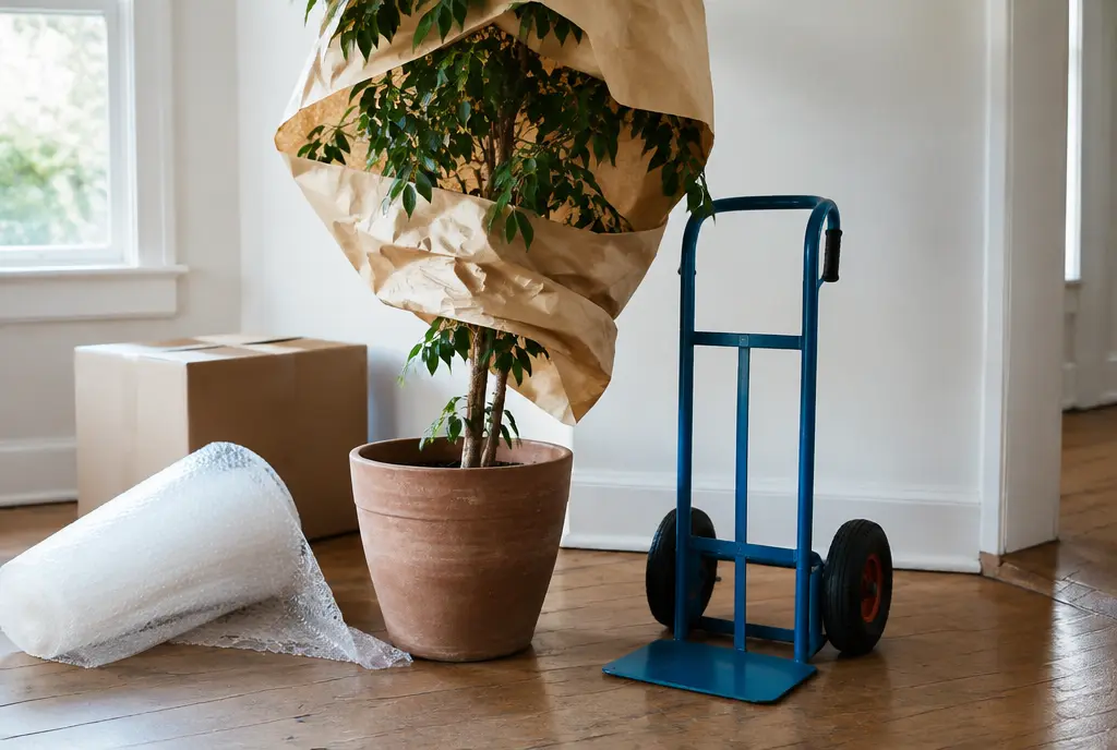 Large potted ficus with paper-wrapped leaves next to a hand truck (AI-generated image)