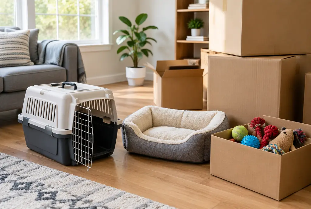Pet carrier, pet bed and a box of toys near moving boxes (AI-generated image)